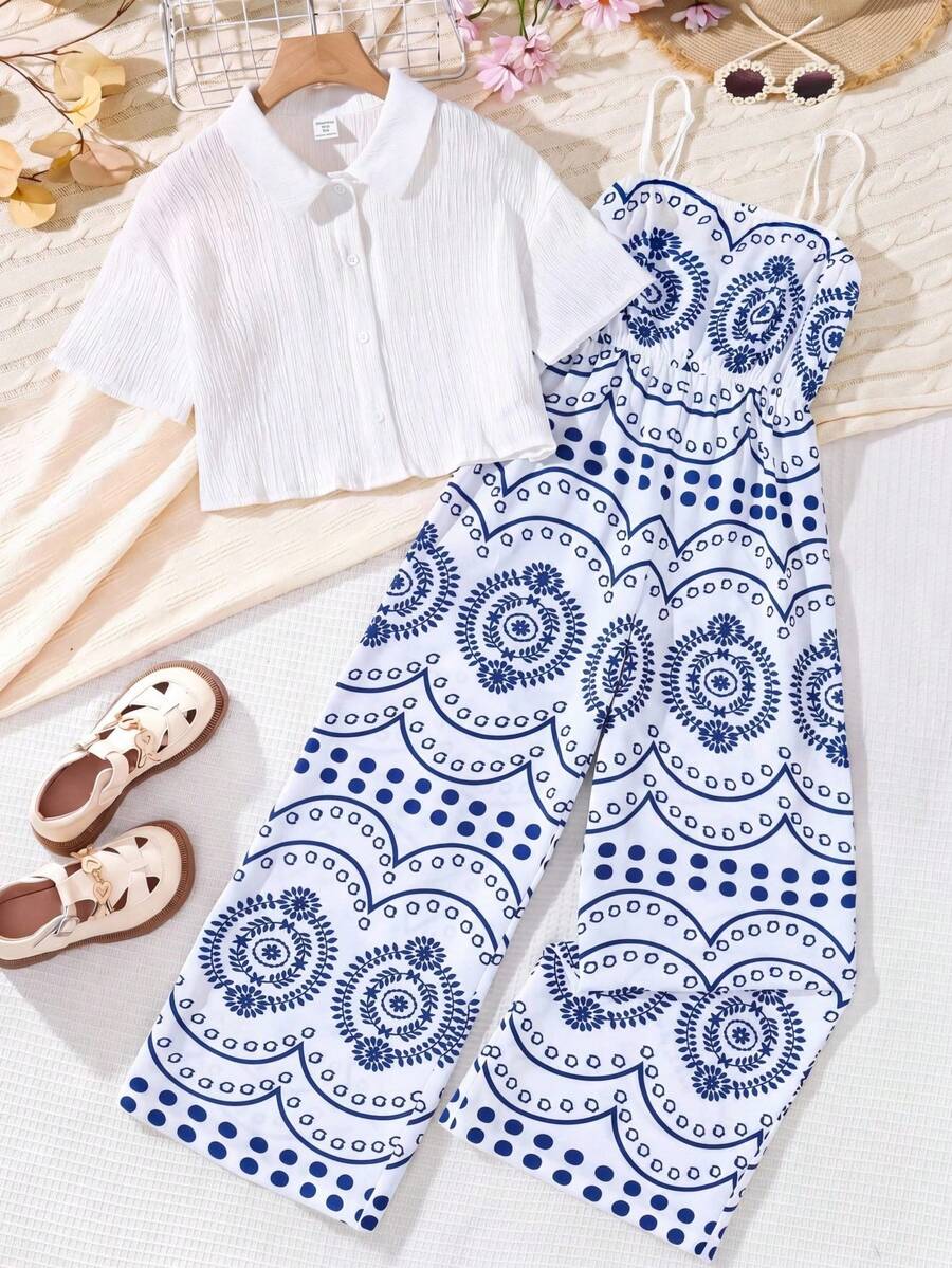 SHEIN Tween Girls Summer Casual Solid Color Shirt & All-Over Print Jumpsuit - Multicolor - View 1