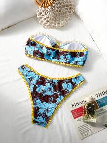 Swim Mod Women's 2pcs Summer Sexy Tropical Bandeau Top With Front Tie And Ruffle Hem, Triangle Bikini Bottom Set Beach Vacation Aqua Blue - Multicolor - View 3
