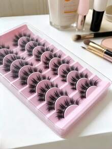 9对3D仿貂毛柔软蓬松手工卷翘假睫毛，浓密自然，玫瑰红睫毛带，美妆必备单品 - 黑色 - 查看 5