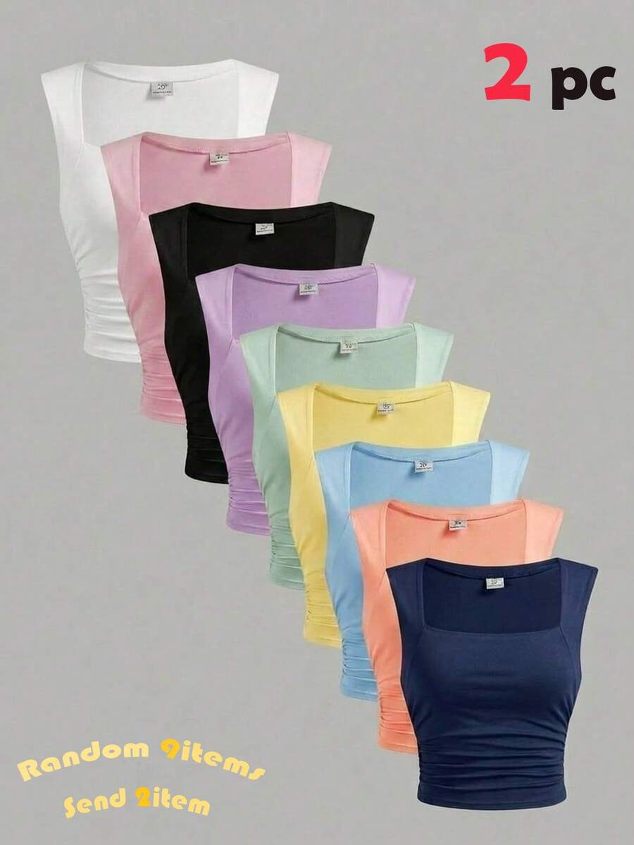 SHEIN 少女黑白针织褶皱腰部圆领无袖吊带背心叠穿套装 - 彩色 - 查看 1