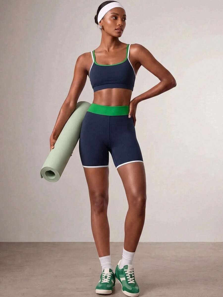 Zivah Women's Piped Cropped Camisole Tank Top And Shorts Sports Set