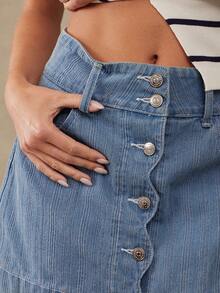 WESTFADE Everyday Jacquard Women's High Waist Scalloped Pastal Button Front 100 Cotton Denim A Line Mini Skirt, Summer, Country Sexy Casual, Festival, Boho - Medium Wash - View 2