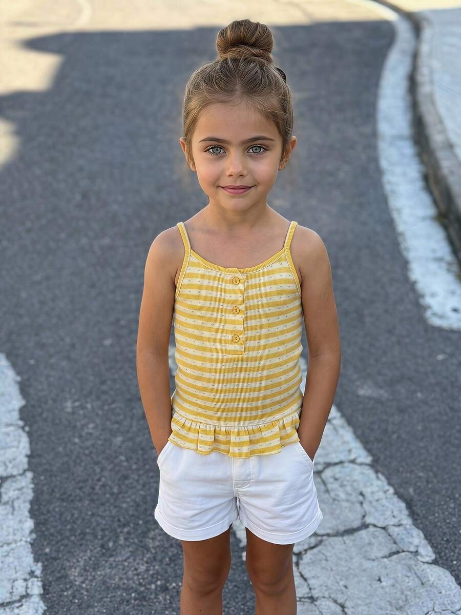 Hapijoa Young Girls' Cute Playful Striped Pleated Camisole Tank Top Summer - Yellow - View 1