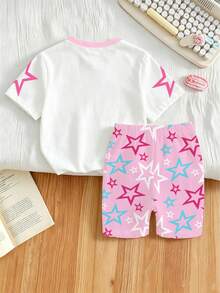 Girls' Casual Fashion Creative 3-Piece Cute Girl, Star Pattern Short Sleeve T-Shirt Set, Comfortable Daily Wear For Spring, Summer, Autumn - Multicolor - View 2