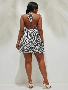 Radiana Women's Black And White Zebra Print Halter Neck Mini Dress With Tiered Ruffles And Open Back Fashionable Party Summer Short Dress - Black and White - View 7