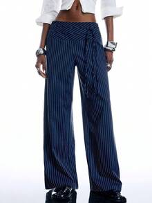 LYSMO Pantalones de traje casual de mujer con rayas y lazo, adecuados para uso diario en la oficina - Blanco y Negro - Ver 1