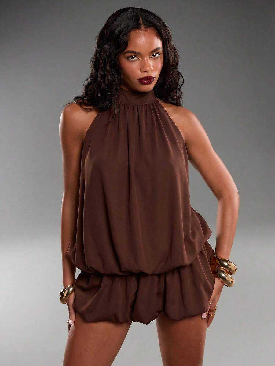 Normani Vestido mini de mujer con cuello halter y volantes en el bajo, color liso, para vacaciones