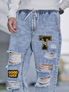 Manfinity Roughcore Men Cotton Letter Patched Ripped Jogger Jeans,Slim Fit Aqua Blue Acid Wash Cargo Jeans,Summer Streetwear For City Break,Husband Boyfriend Gifts - Light Wash - View 5