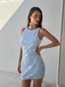 Aloruh 春夏新款優雅性感露背迷你洋裝，適合情人節、婚禮、夜店、海灘度假派對，淺藍色花卉綴珠 - 藍色 - 查看 3
