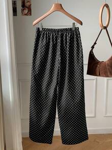 SHEIN PETITE CURVE 大尺碼女款圓點印花繫腰寬腿長褲 - 黑色 - 查看 5