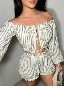 SHEIN SXY 女款夏季兩件式套裝 綠色條紋露肩長袖短版上衣搭配荷葉邊短褲 - 綠色 - 查看 3