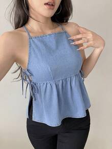 SHEIN PETITE 女士小码牛仔上衣，侧边系带，休闲夏季海滩及街头穿搭 - 淺色水洗藍 - 查看 3