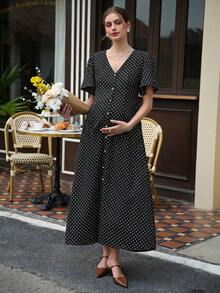 Momance Printed Polka Dot Split Long Ruffle Sleeve Casual Maternity Dress - Black and White - View 7