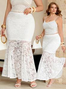 Roveilla Falda larga elegante de encaje con cola de sirena para mujer talla grande, primavera verano - Blanco - Ver 3