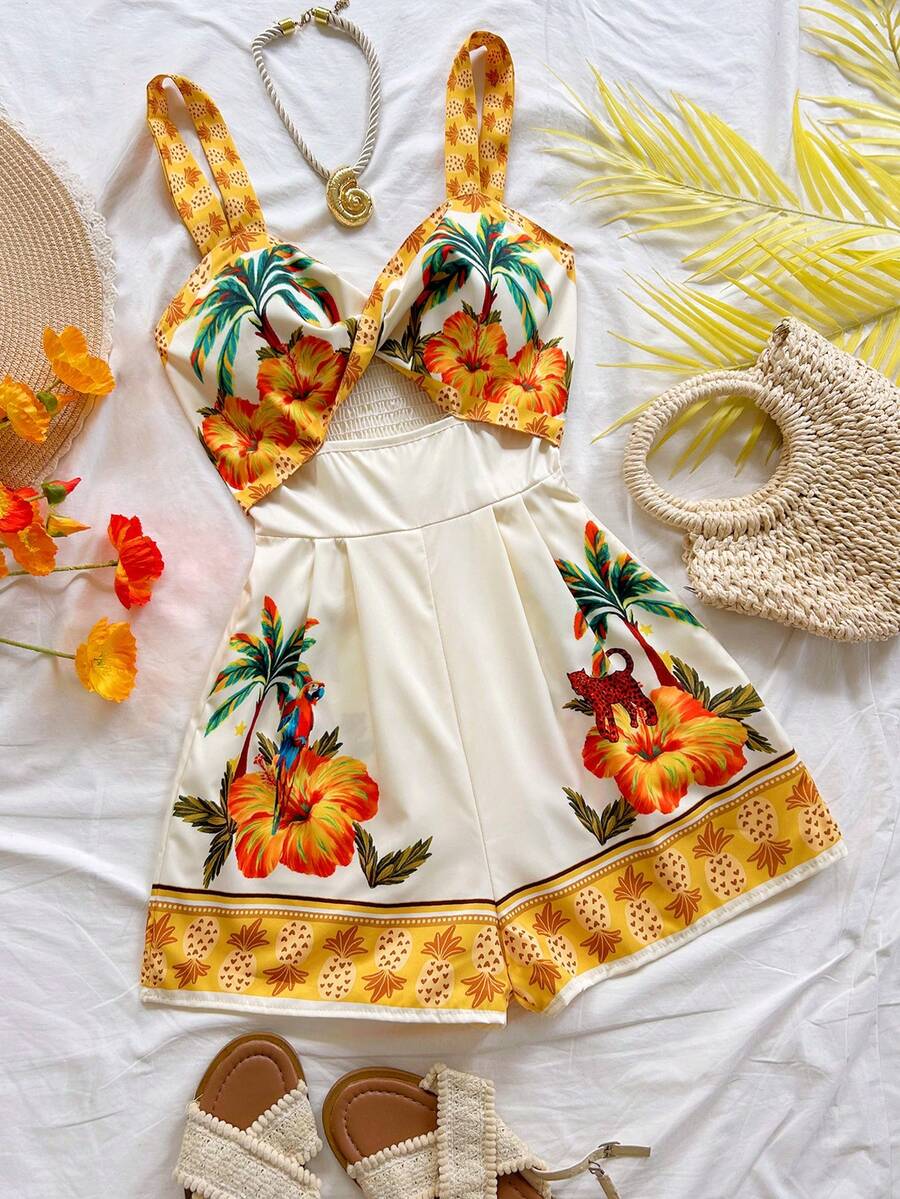 Soleia Women's Summer Vacation Floral Print Hollow Out Jumpsuit - White - View 1