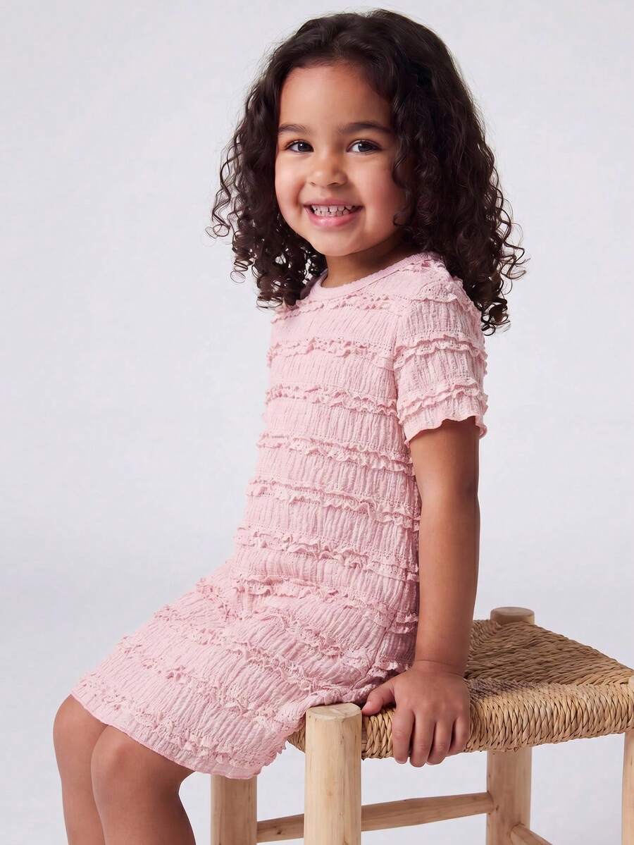 Maija Kids Maija Kids 一件儿童/少女休闲街头风修身针织粉色条纹纹理圆领短袖连衣裙,适合日常穿着、返校、外出、聚会、节日、春夏穿着。 - 粉色 - 查看 1