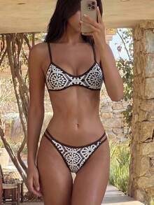 Swim Mod Women's Contrast Color Print Simple Boho Swimwear Set Beach Chocolate Brown Summer - Multicolor - View 1