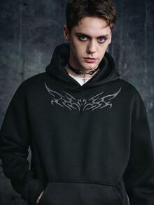 Vyqestra Men's Street-Style Popular Dark Pattern Embroidered Hoodie, Suitable For Outdoor Music Festivals, Daily Outings, Hangouts With Friends, Boyfriend/Husband Gift, Anniversary Gift - Black - View 2