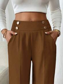 SHEIN PETITE CURVE Plus Size Women's Double Buckle Straight Leg Elegant Commuter Pants - Brown - View 4