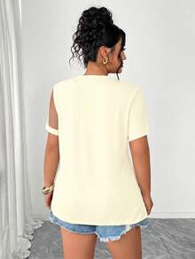 Elenzga Plus Size T-Shirt With Pearl Beaded Mesh Short Sleeve Round Neck Night Vacation White Summer Sexy - Apricot - View 2
