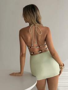 Aloruh Women's Summer New Green Elegant Sexy Minimalist Fashionable Romantic Date Beach Vacation Halter Backless Tie Beaded Mini Dress - Green - View 1