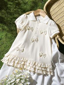 SHEIN Vintaside Kids 女嬰夏季領口短袖時尚簡約優雅蝴蝶結裝飾洋裝，適合夏季露營、野餐、幼兒園、學校或家庭聚會與派對 - 杏色 - 查看 6