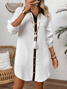 Zayélia Đầm sơ mi nữ phối màu phong cách casual đi làm đi chơi mùa xuân/hè mới - trắng - Xem 4