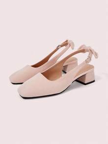 CUCCOO DOLLMOD Women's Shoes, Bow Decoration, Exposed Heel, Pink Suede Texture, Square Toe Fashionable And Elegant Exposed Heel Thick High Heel Shoes - Velvet pink - View 5