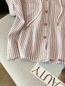 GlowEve Women's Summer Casual Versatile Textured Striped Crepe Hooded Open Front Pocket Short Sleeve Shirt - Multicolor - View 3