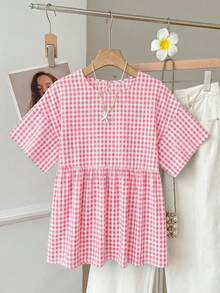 SHEIN EZwear 休閒簡約棉感粉色野餐格紋編織女款襯衫，適合夏季、夏季上衣，適用於日常通勤、約會、聚會、秋冬/夏季、聖誕節、新年、感恩節、派對、婚禮、海灘、畢業典禮、時尚、優雅、休閒、外出、約會、預約、通勤、亮面、情人節 - 粉色 - 查看 7