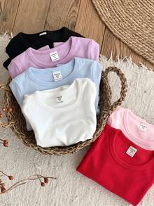 LMoss Kids Conjunto de 6 piezas de camiseta casual de punto de unicolor con cuello redondo para niña joven - Multicolor - Ver 6