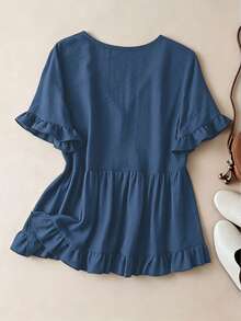 Linhara Plus Size Solid Color Linen Summer Slimming Frill Trim Shirt Holiday Summer Vacation Outfit Top - Blue - View 2