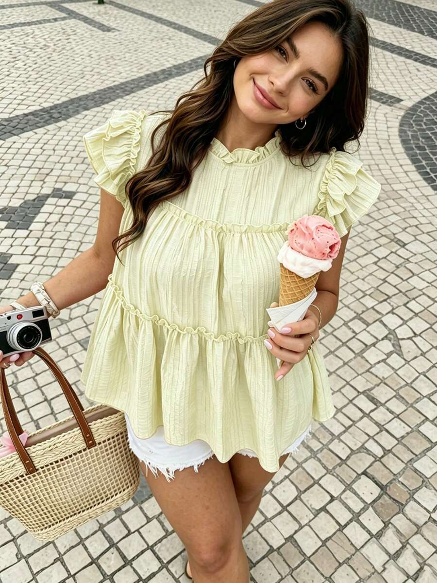 Vionelle Plus Size Women's Solid Color Pleated Casual Versatile Everyday Outing Shirt - Apricot - View 1