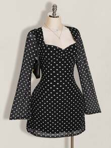 SHEIN ICON Vestido de festa e encontro de moda com bolinhas para mulher plus size - Preto e Branco - Ver 5