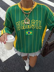 Muchica Áo thun dài tay dáng rộng cho nữ đội tuyển bóng đá quốc gia Brazil, cổ nâu tương phản và tay áo kẻ sọc. Phong cách vintage, preppy, cổ điển, thời thượng, trẻ trung và đường phố. Chất vải mềm mịn thoải mái, lý tưởng cho ngày thi đấu. Áo đấu thể thao thời trang World Cup 2026 phong cách đường phố cho ngày thi đấu bóng đá - Nhiều màu - Xem 3