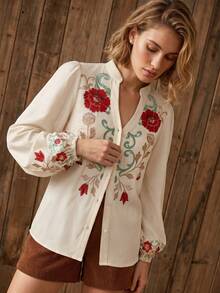 CAJUNI Red And Green Flower Arabesque Print Blouse,Summer Top - Multicolor - View 3