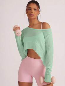 Activina Women's Solid Color Cropped Lettuce Edge Long Sleeve Casual Sports T-Shirt - Green - View 2