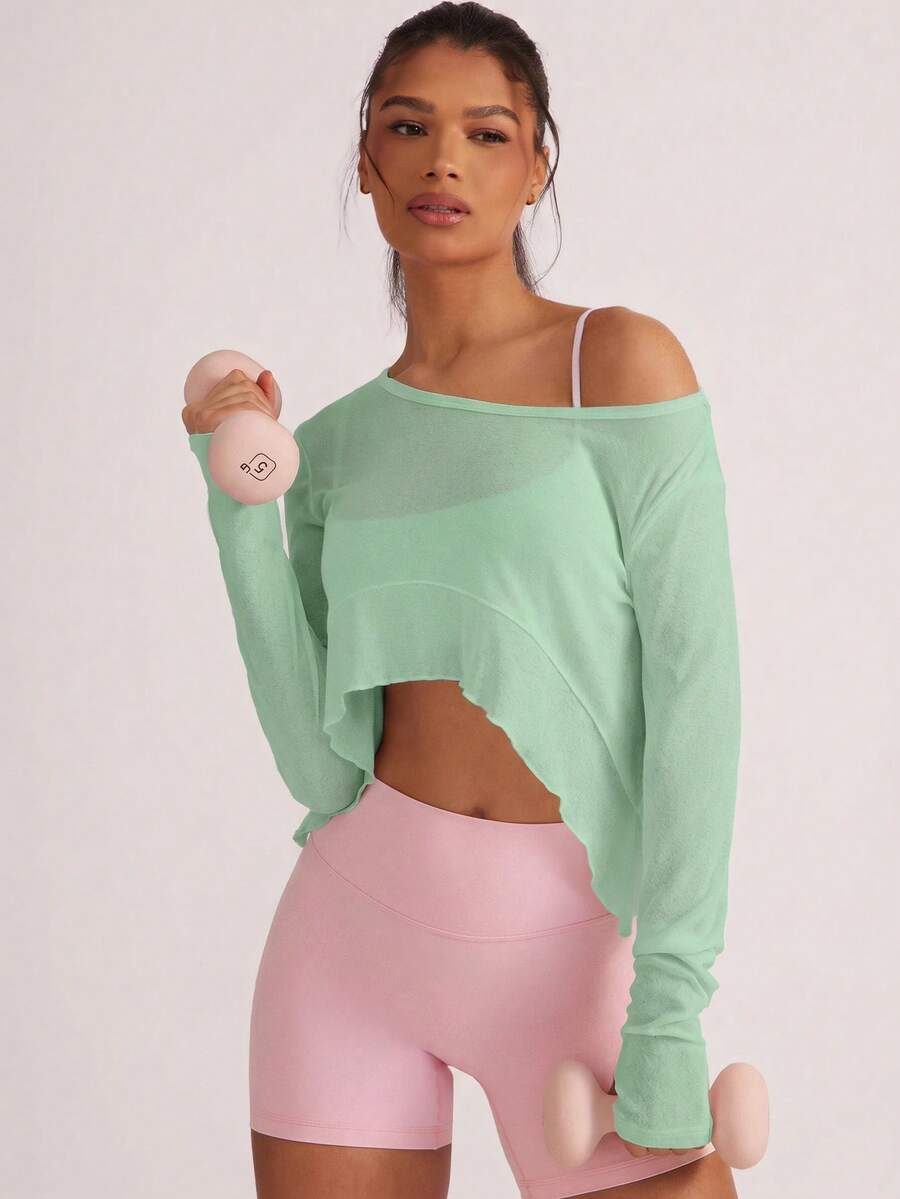 Activina Women's Solid Color Cropped Lettuce Edge Long Sleeve Casual Sports T-Shirt