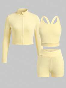 SHEIN Girlism Tween Girl Tween Girl Activewear Set: Cream Knit Long Sleeve Zip-Up Jacket, Vest, And Leggings 3 PiecesOutfit - Yellow - View 3
