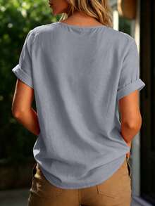 EMERY ROSE Women's Solid Color V-Neck Short Sleeve Casual Blouse - Light Grey - View 2