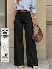 Selenza Plus Size Zipper Button Pocket Wide Leg Solid Color Minimalist Business Denim Jeans - Black - View 1