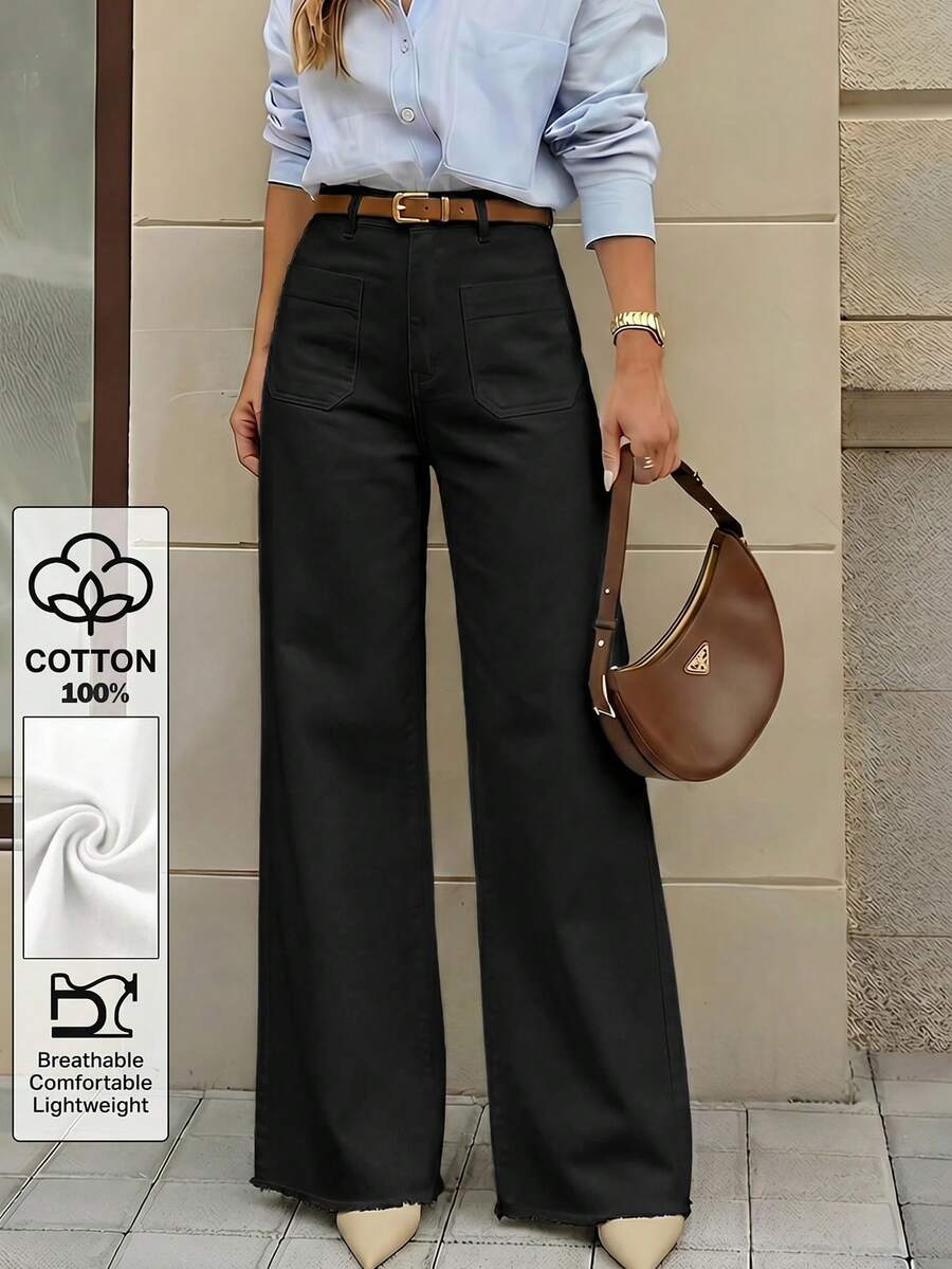 Selenza Plus Size Zipper Button Pocket Wide Leg Solid Color Minimalist Business Denim Jeans - Black - View 1