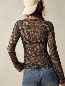 Blusa con cuello en V de encaje de punto vintage estilo bohemio para mujer, estilo bohemio para vacaciones, moda sencilla y casual para uso diario - Marrón - Ver 3