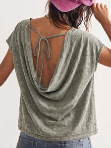 Bohemela T-shirt ample décontracté pour femmes, style bohème campagnard d'été avec motif - Militaire verte - Voir 4