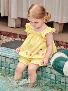Cozy Pixies Baby Girl Floral Print Square Neck Ruffle Sleeveless Top And Elastic Waist Shorts 2-Piece Set - Yellow - View 10