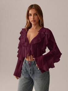 SHEIN SXY 中號洋紅色上衣；秋季女裝；短版上衣；深V領性感長袖透視網紗荷葉邊吊帶背心，適合度假、派對與聚會 - 中紫紅色 - 查看 6