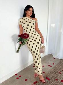 SHEIN SXY 優雅淺黃色女款圓點露肩貼身中長洋裝 - 淡黃色 - 查看 6