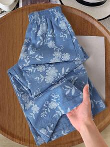 Rusticease Women's Casual Vacation Daily Commute All-Over Floral Embroidered Loose Wide Leg Long Pants - Blue - View 1