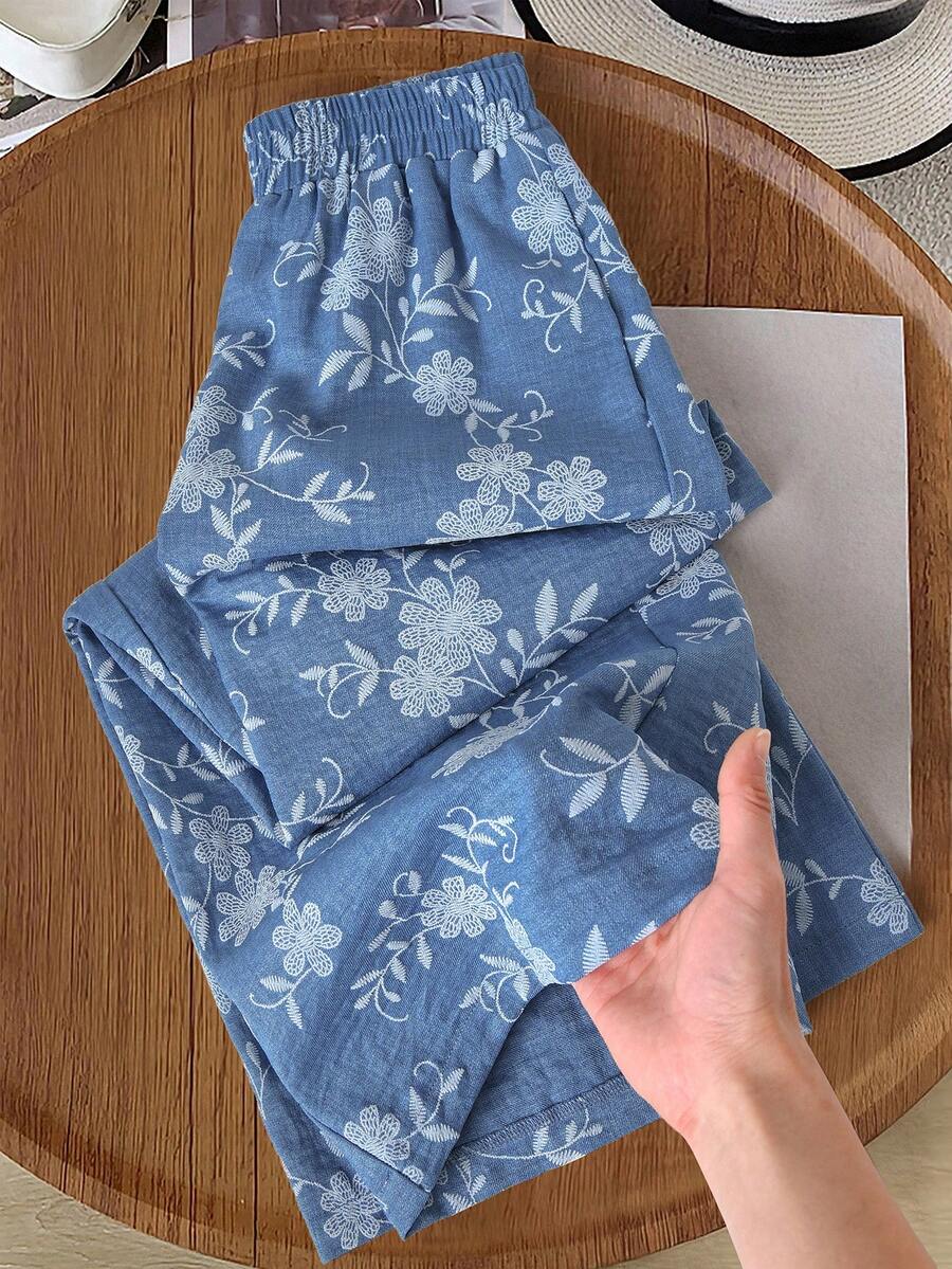 Rusticease Women's Casual Vacation Daily Commute All-Over Floral Embroidered Loose Wide Leg Long Pants - Blue - View 1