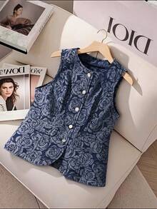GlowEve Women's Elegant Floral Print Sleeveless Denim Vest, Suitable For Daily, Workplace And Commuting - Blue - View 4